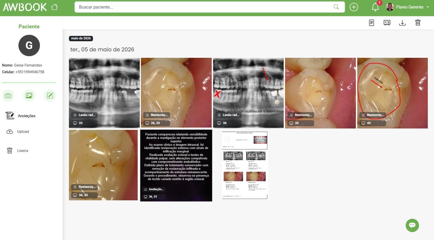 Galeria de imagens clínicas organizadas no prontuário de um paciente no AWBook